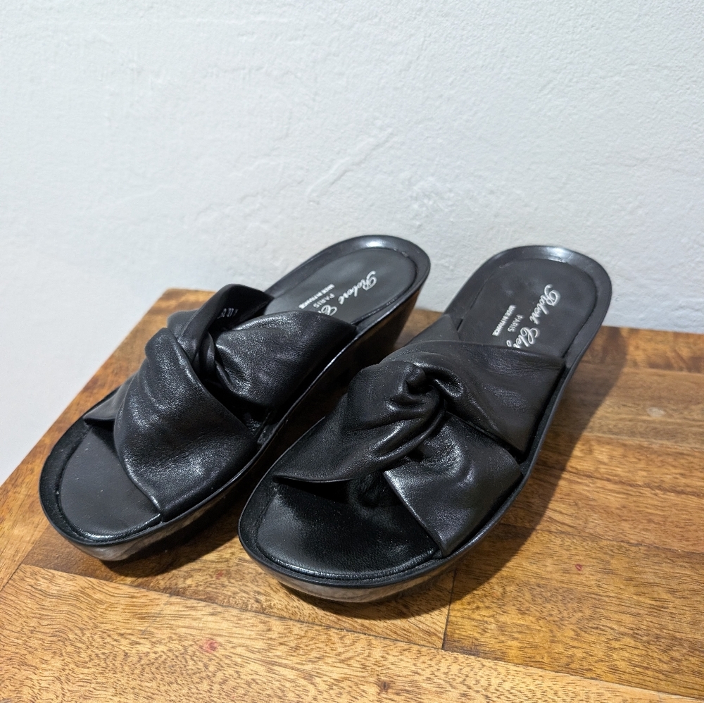 Robert Clergerie Black Leather Crossover Strap Wedge Size 6